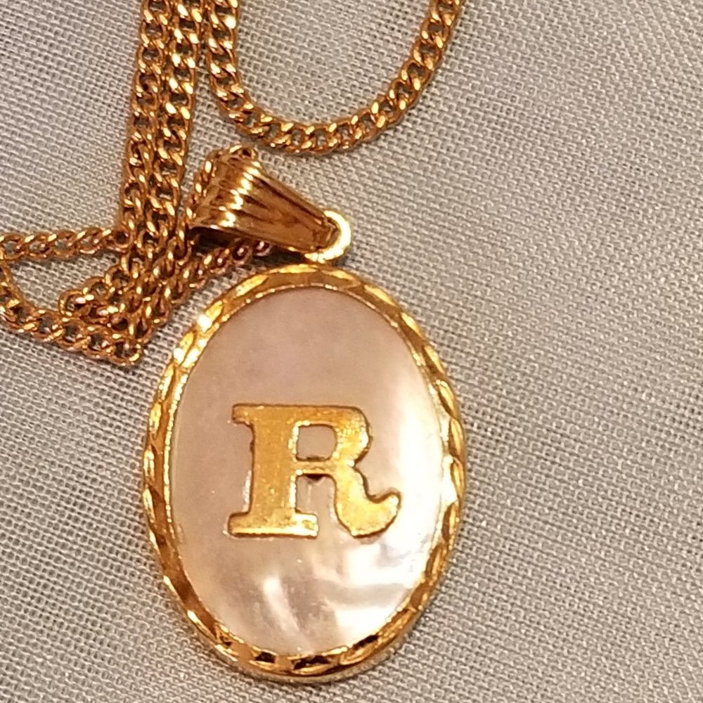 Vintage Italian Letter "R" Pendant, Gold with Mother-of-Pearl, with Chain